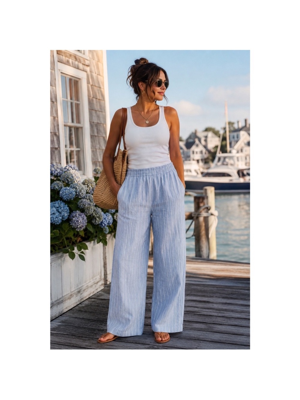 Abercrombie Light Blue Striped Wide-Leg Linen Pants